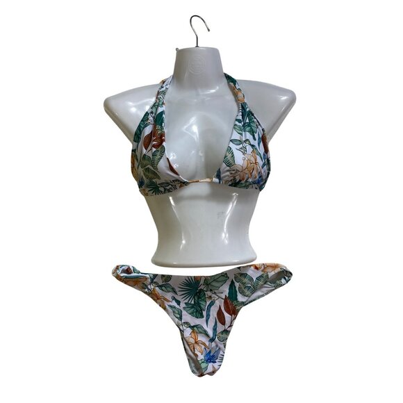 Tropical Print Halter Bikini Large White & Green Two-Piece Swimwear Sexy‎ Beach - Picture 1 of 8